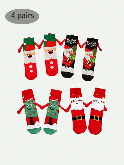 1/4/8 Pairs New Christmas Couple Hand-Holding Socks, Unisex Mid-Calf Socks, Versatile Autumn/Winter Gift Socks