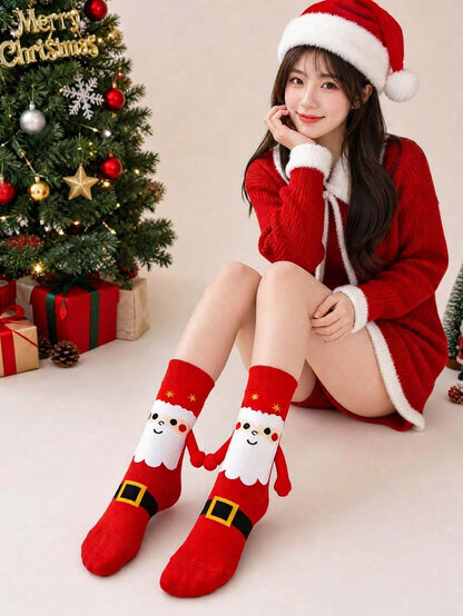 1/4/8 Pairs New Christmas Couple Hand-Holding Socks, Unisex Mid-Calf Socks, Versatile Autumn/Winter Gift Socks