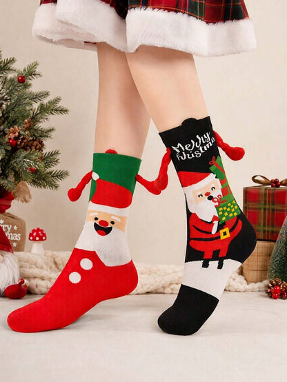 1/4/8 Pairs New Christmas Couple Hand-Holding Socks, Unisex Mid-Calf Socks, Versatile Autumn/Winter Gift Socks