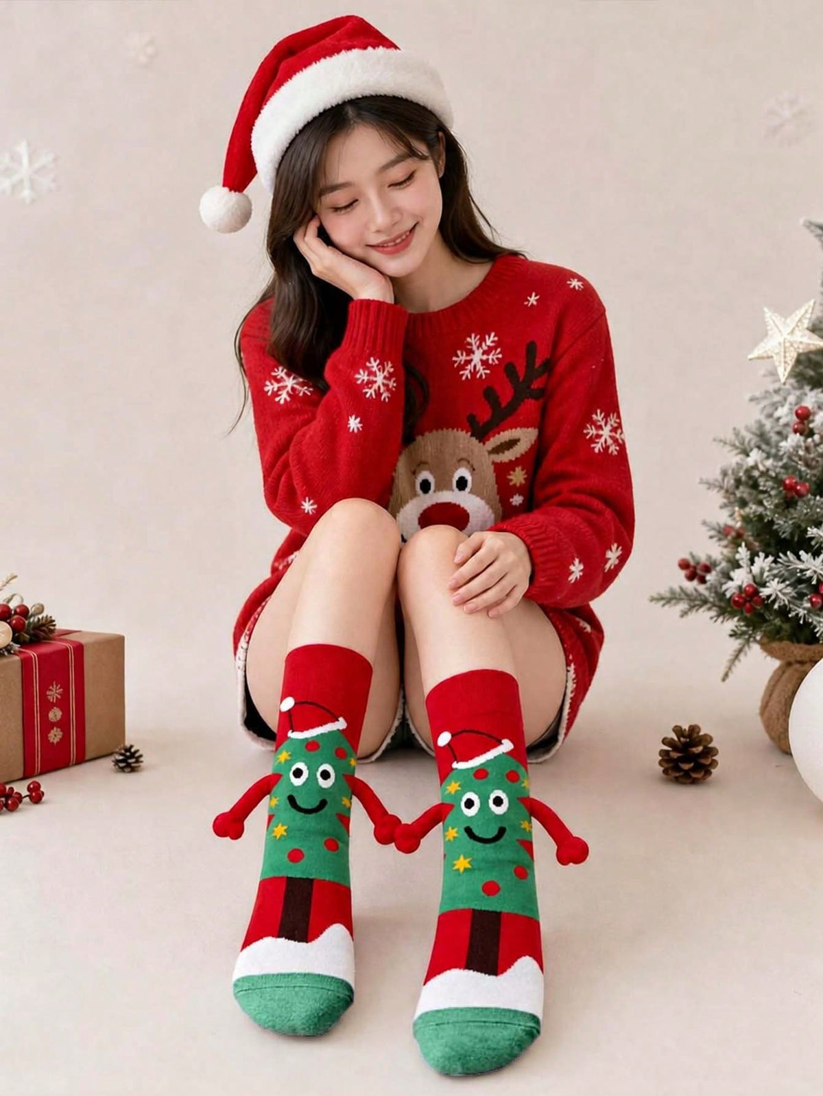 1/4/8 Pairs New Christmas Couple Hand-Holding Socks, Unisex Mid-Calf Socks, Versatile Autumn/Winter Gift Socks