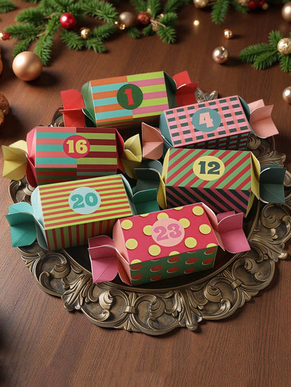 24 Christmas Gift Boxes, Candy-Shaped Christmas Advent Calendar Boxes, Christmas Decoration, 24-Day DIY Countdown Empty Advent Calendar with Santa Claus, Reindeer and Snowflake Patterns, Suitable for Christmas Party Gifts, Home Decor, Christmas Decoration, Room Decor, Winter Christmas Decoration, Home Christmas Gifts, Christmas Decoration